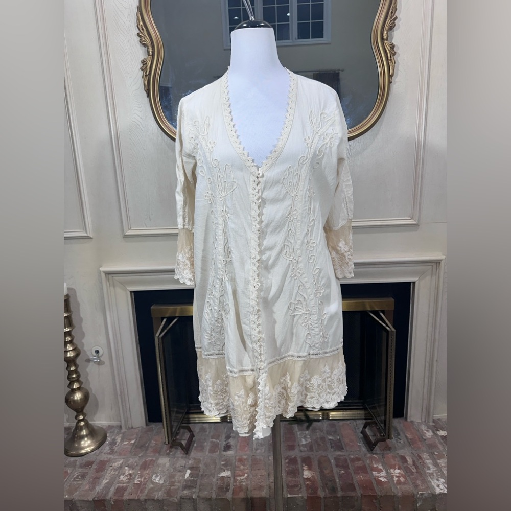 Gretty Zueger Embroidered Boho Peasant Tunic Size L Cream Romantic Cottagecore